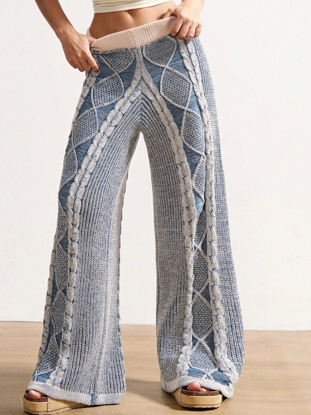 Blue Casual Women's Cable-knit Wide Leg Low Waist Cropped Knit Pants